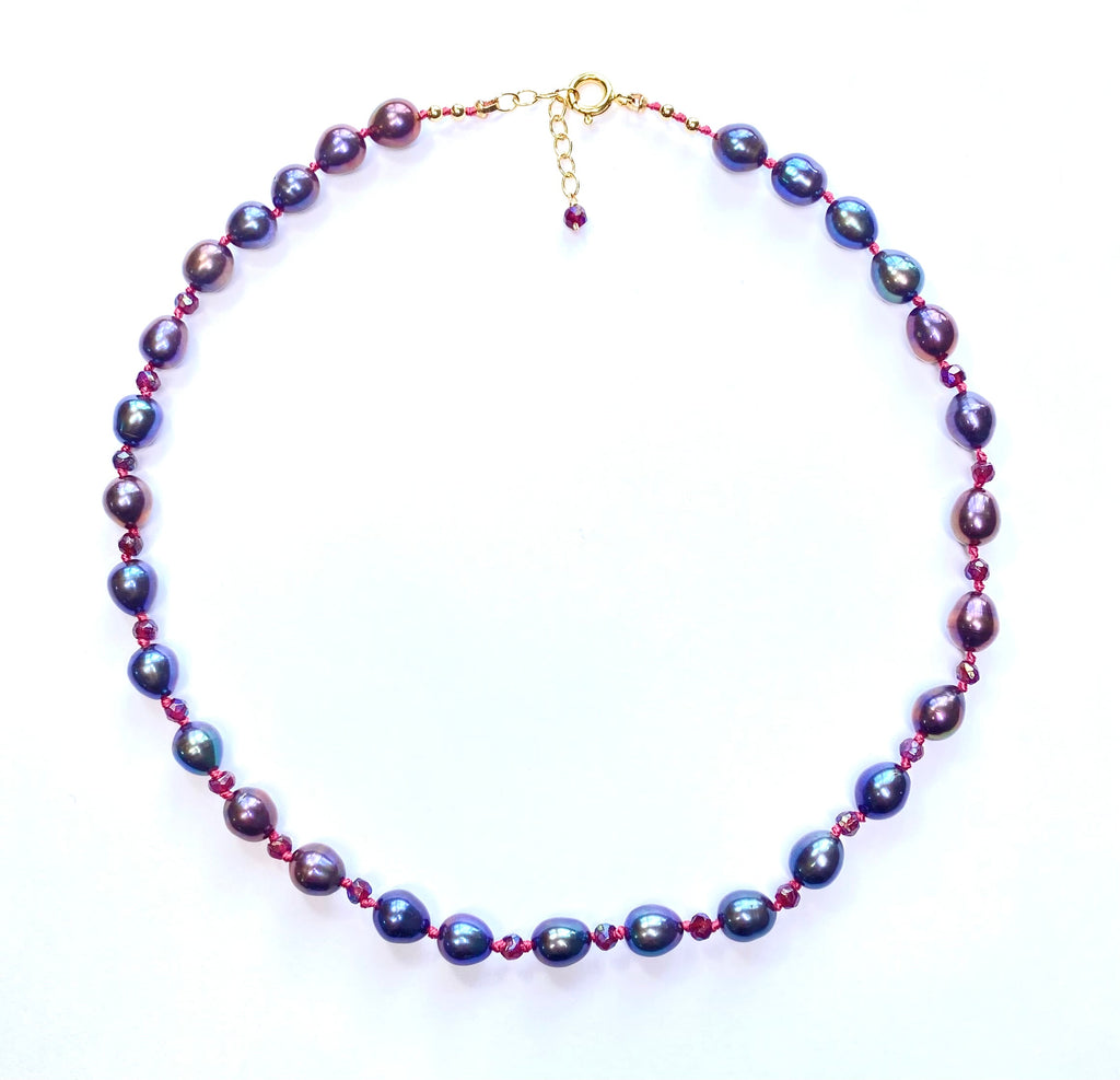Peacock Pearl and Mystic Garnet Silk Knotted Necklace, Gold Fill