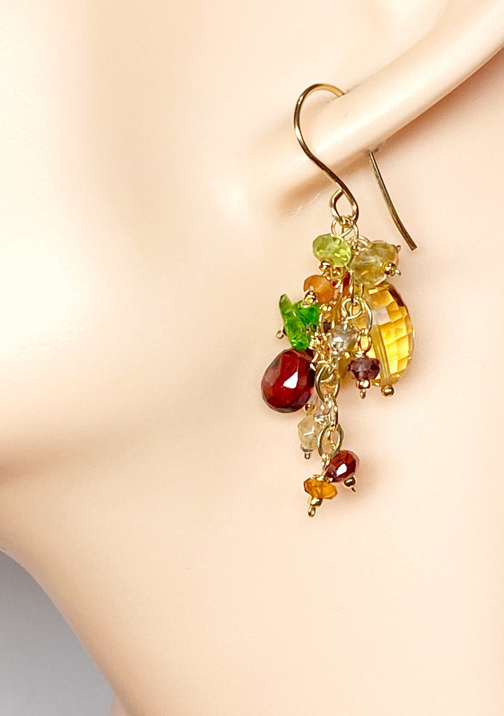 Citrine Dangle Earrings with Multi Gemstone Cluster, Garnet, Opal, Chrome Diopside