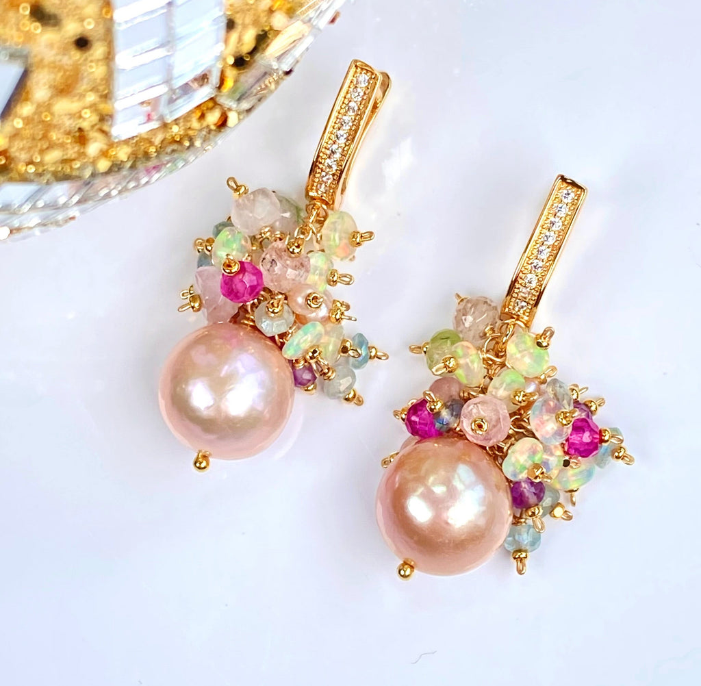Pink Edison Pearl Opal Tourmaline Cluster Wedding Earrings Gold Fill - Bridal Jewelry - Doolittle