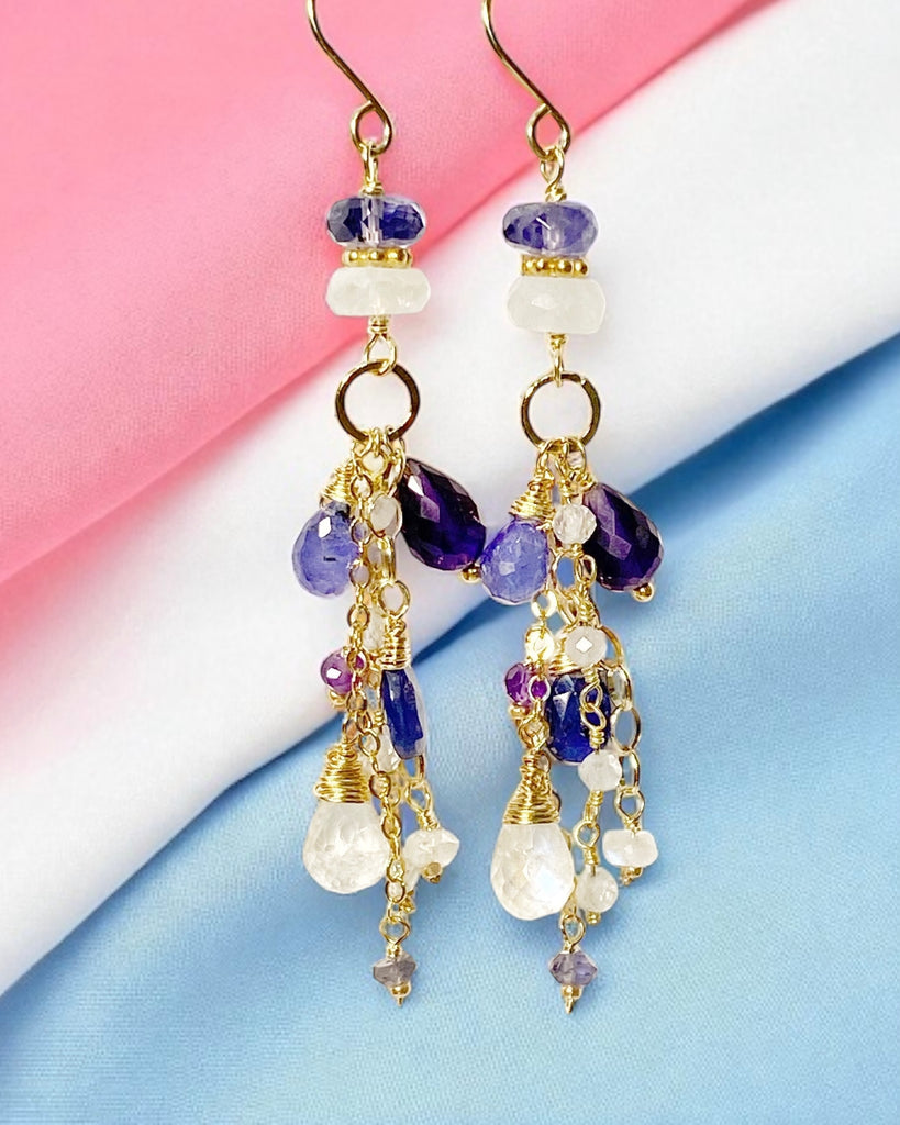 Blue Violet Gemstone Dangle Earrings - Amethyst, Tanzanite, Kyanite, Moonstone