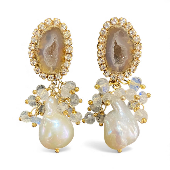 Golden Beige Tabasco Geode and Ivory White Baroque Pearl Earrings