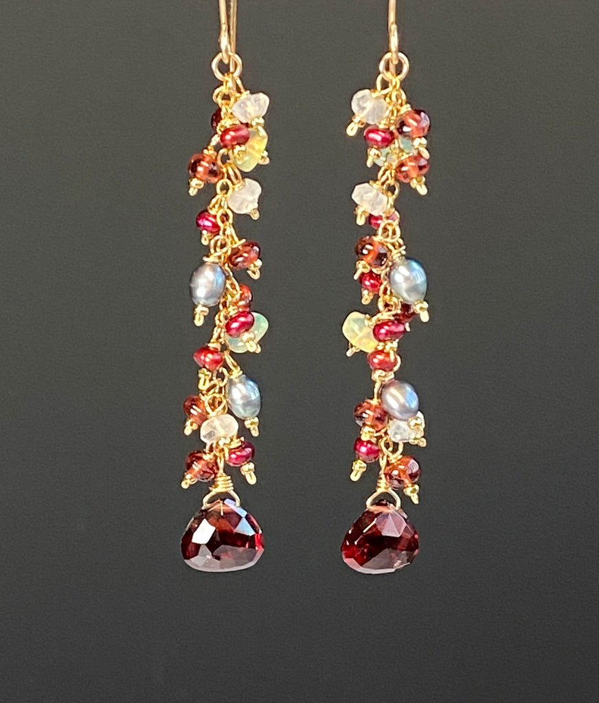 Red Garnet, Cranberry Pearl & Ethiopian Opal Long Dangle Earrings, Gold Fill - Doolittle