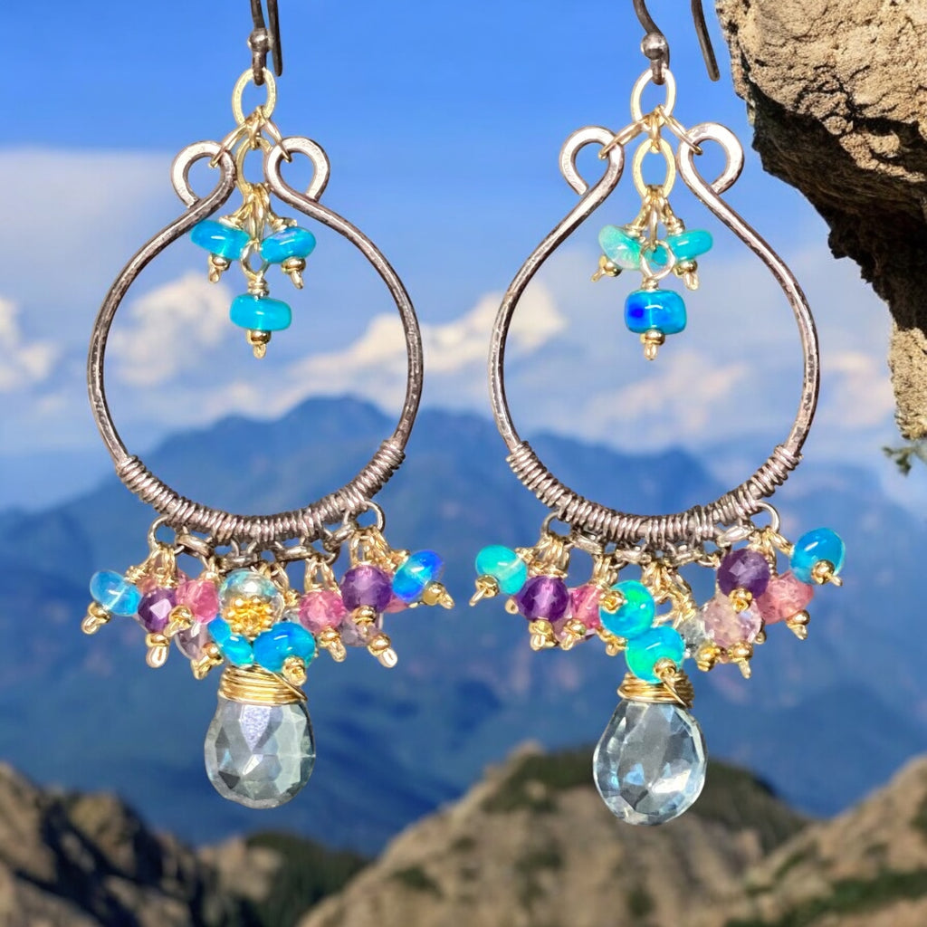 Oxidized Silver Hoop Chandelier Earrings, Aqua Opal, Pink Sapphire, Mixed Metals 1