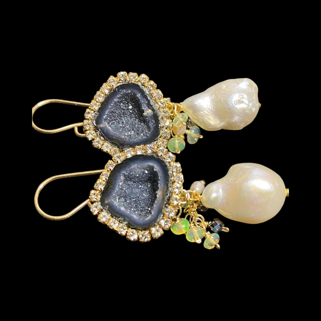 Black Tabasco Geode Earrings with White Baroque Pearls and Opal Clusters