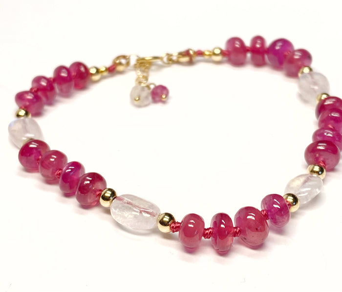 Pink Sapphire and Rainbow Moonstone Silk Knot Bracelet