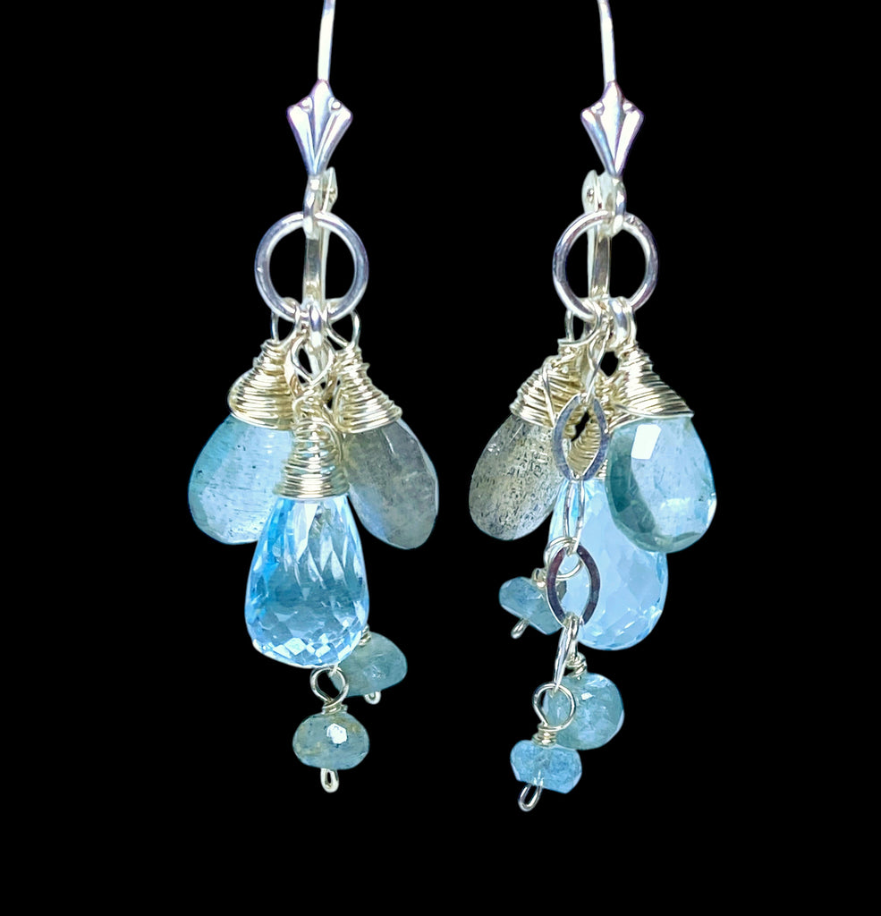 Moss Aquamarine, Blue Topaz, Labradorite Dangle Earrings Sterling Silver