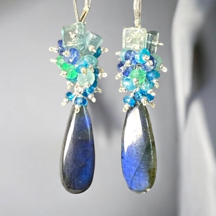 Blue Labradorite Long Gemstone Cluster Earrings in Blue, Green, Sterling Silver