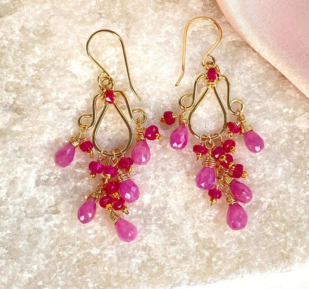 Pink Sapphire and Ruby Chandelier Earrings in Gold Fill