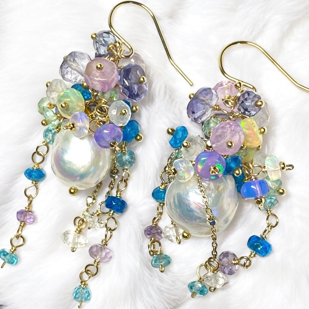 Edison Pearl Barque Cluster Earrings Gold Fill, Lavender, Blue, Aqua Green