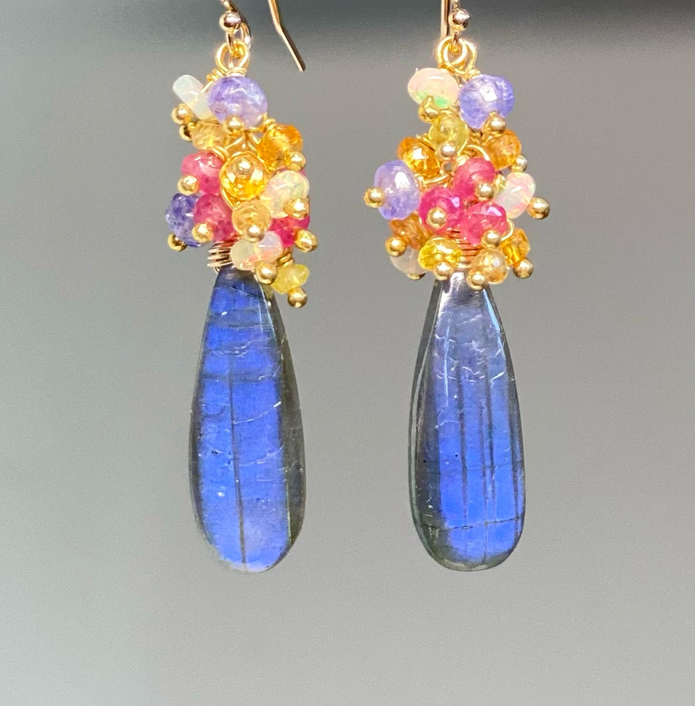 Labradorite and Sapphire Long Cluster Dangle Earrings Gold Fill