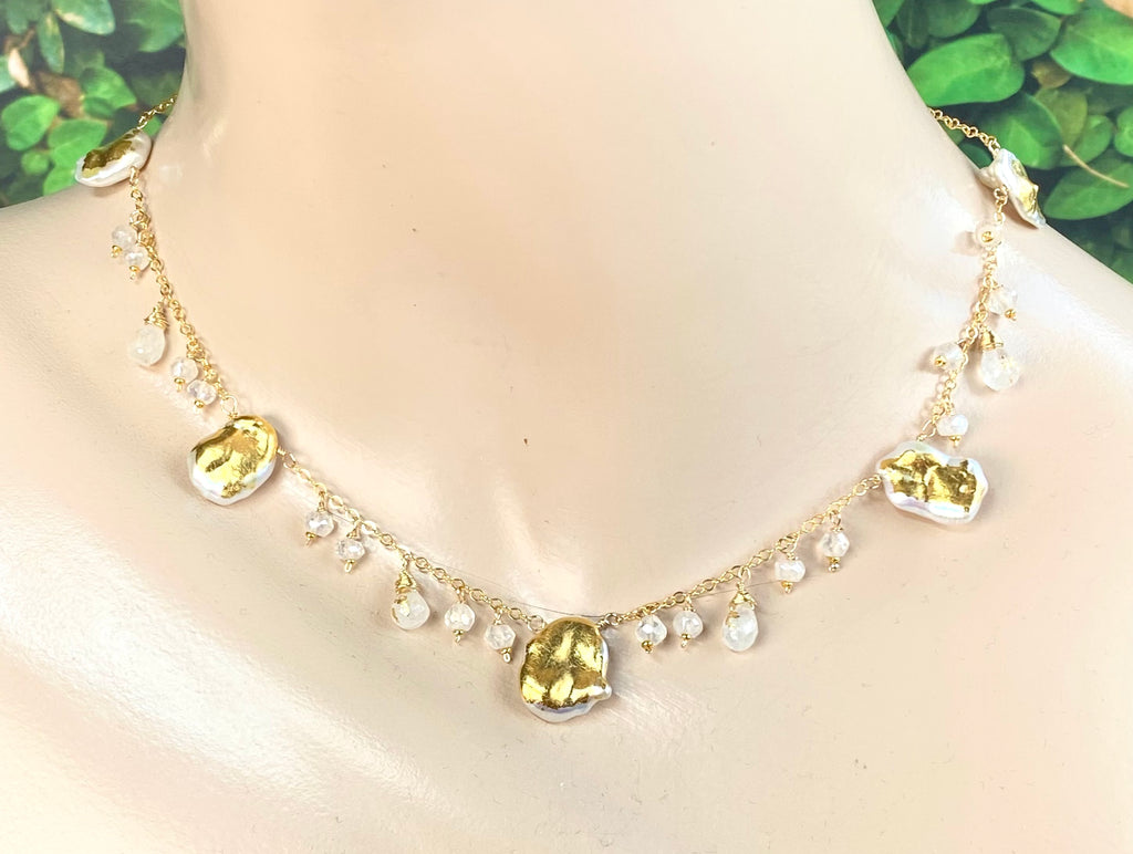 Keishi Pearl 24kt Gold Leaf Boho Dangle Necklace with Rainbow Moonstone
