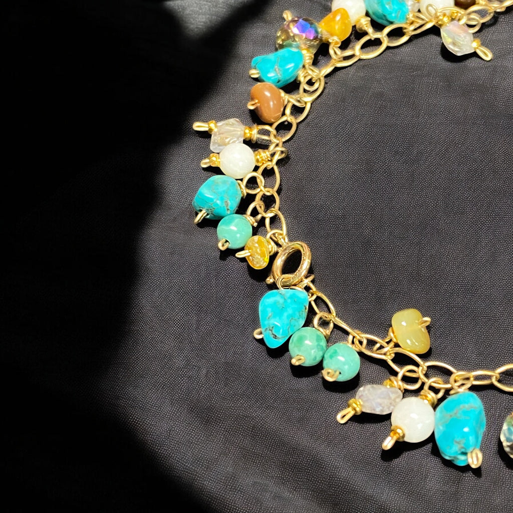 Dainty, Colorful Gemstone and Turquoise Handmade Gold Bracelet