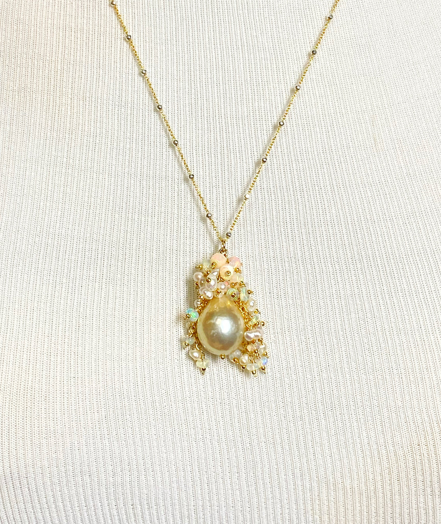 Golden Edison Baroque Pearl Opal Cluster Pendant in Gold Fill