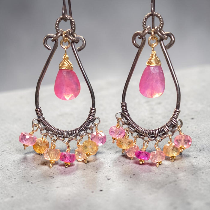 Padparadscha Pink Sapphire Chandelier Hoop Earrings — Fuchsia, Blush & Peach, Mixed Metals