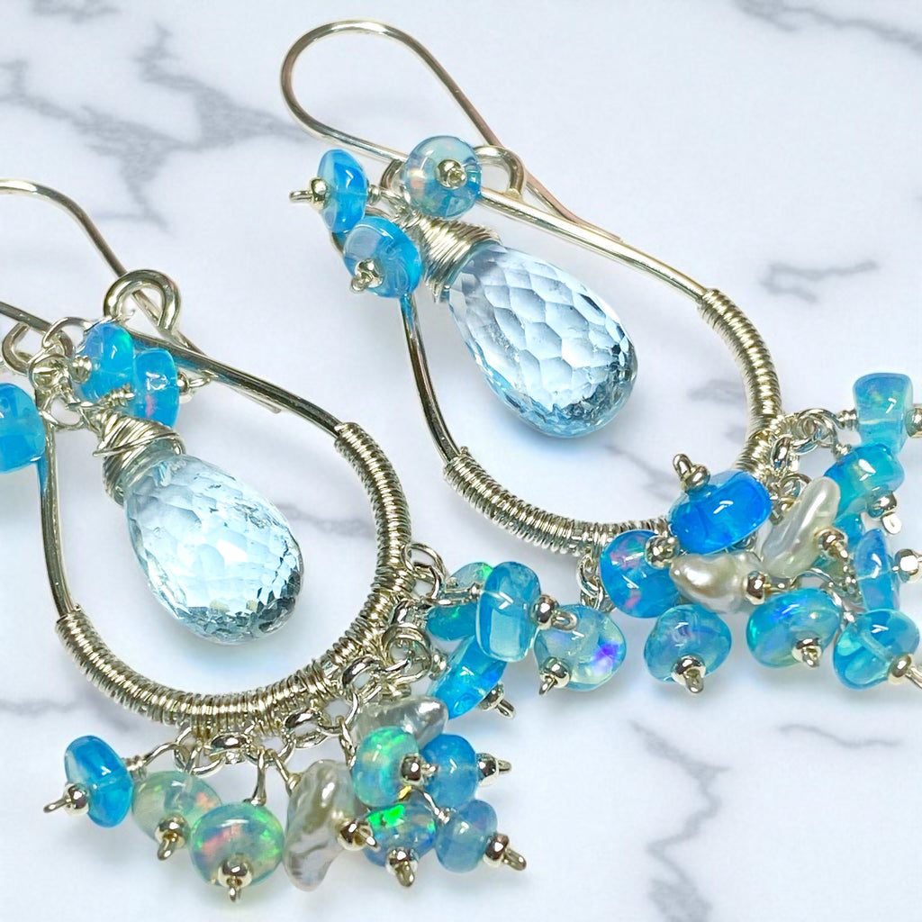 Blue Topaz and Opal Hoop Chandelier Earrings Sterling Silver