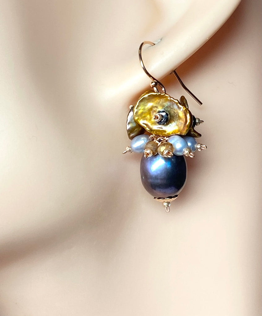 Peacock Pearl, Keishi Pearl Cluster Dangle Earrings Rose Gold Fill