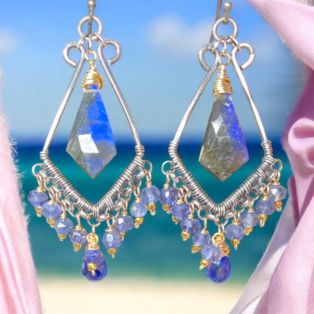 Blue Gemstone Statement Chandelier Earrings Oxidized Sterling Silver Blue Labradorite, Iolite, Kyanite