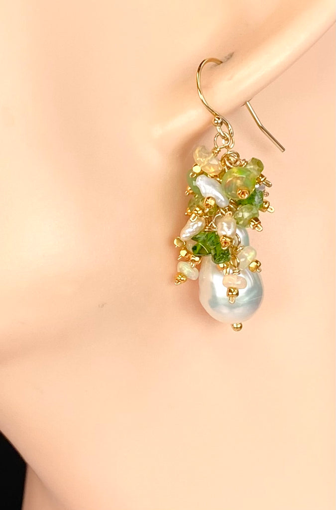 Green Ethiopian Opal, Peridot & Flameball Pearl Cluster Earrings