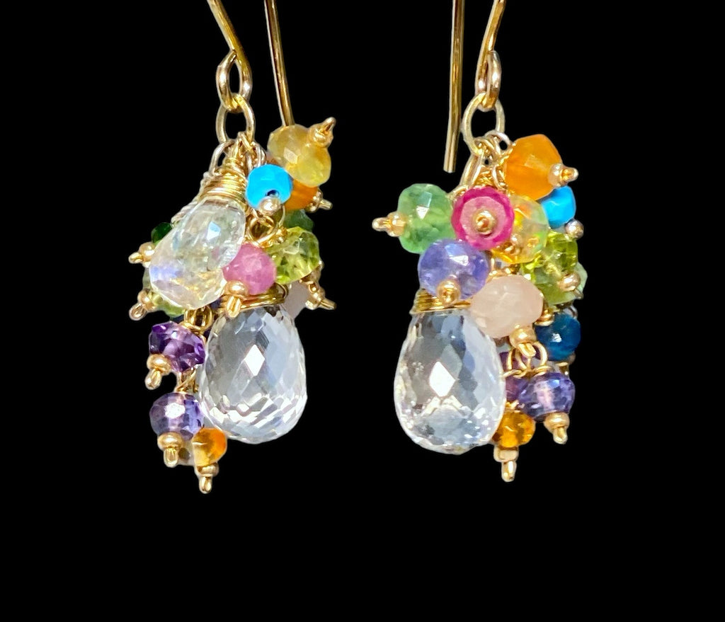 Crystal Quartz Dangle Earrings with Multi Gemstone Cluster 5