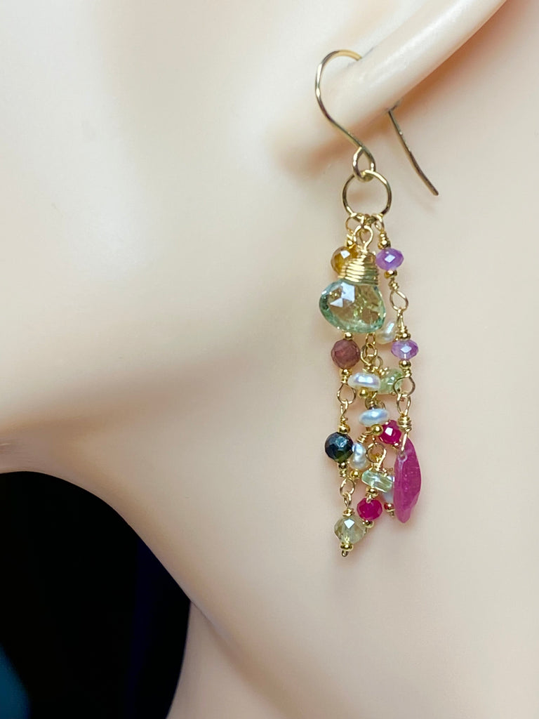 Green Tourmaline Pink Sapphire Gemstone Long Boho Dangle Earrings Gold Fill
