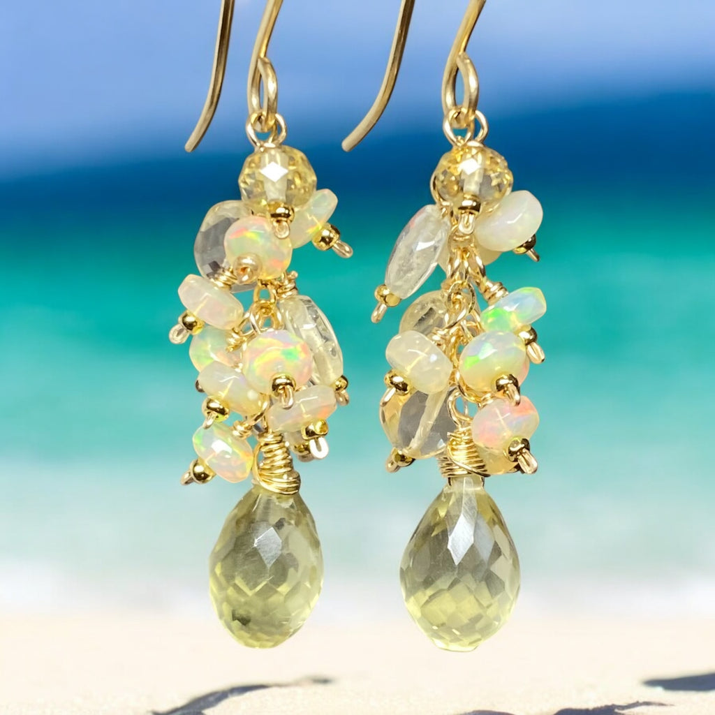 Yellow Lemon Quartz and Ethiopian Opal Dangle Earrings Gold