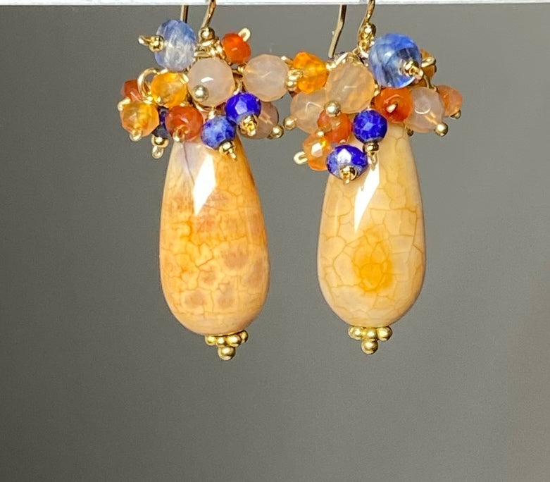 Fire Agate Drop and Gemstone Cluster Earrings Gold Fill 2