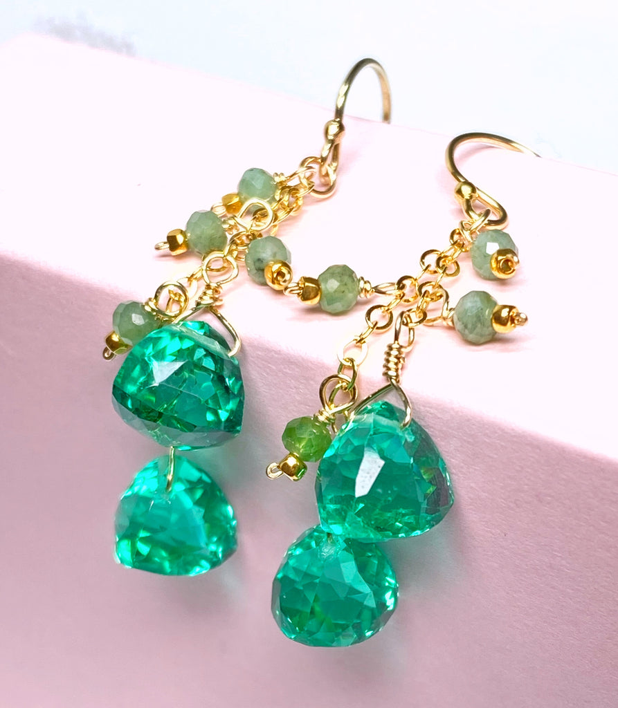 Natural Emerald Dangle Earrings Gold Fill