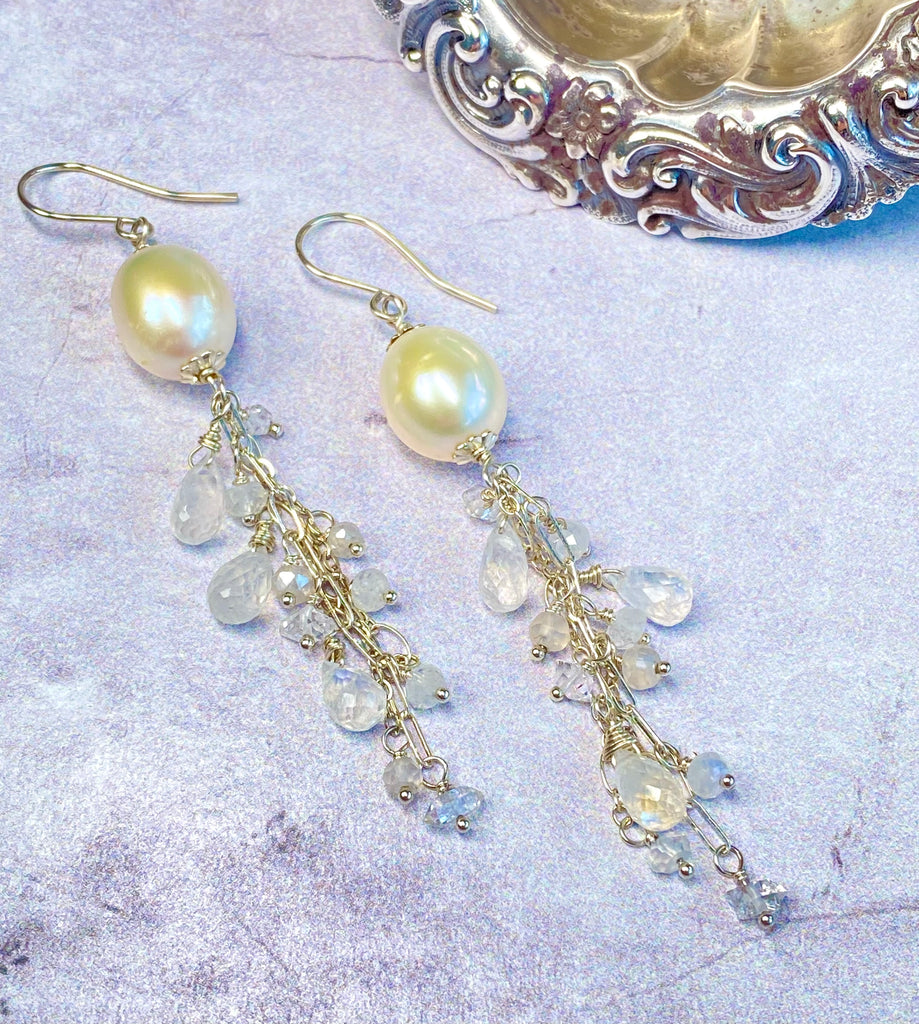Pearl Moonstone Bridal Dangle Earrings Sterling Silver with Herkimer Diamonds