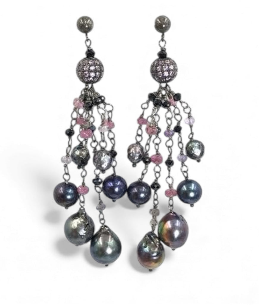 Pink Spinel Pearl Tassel Earrings