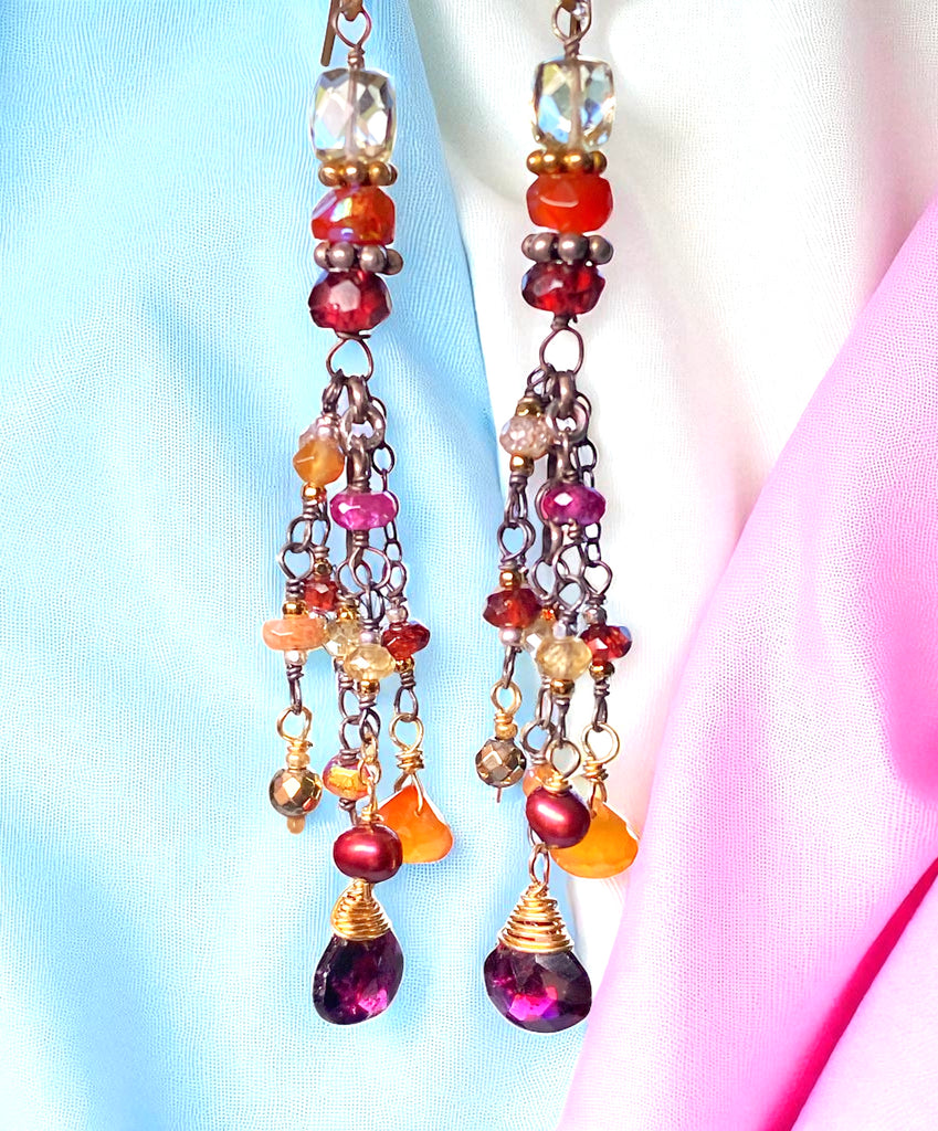Multi Gemstone Gem Dangle Earrings, Boho Tassel Style, Red Garnet, Carnelian, Citrine, Mixed Metal