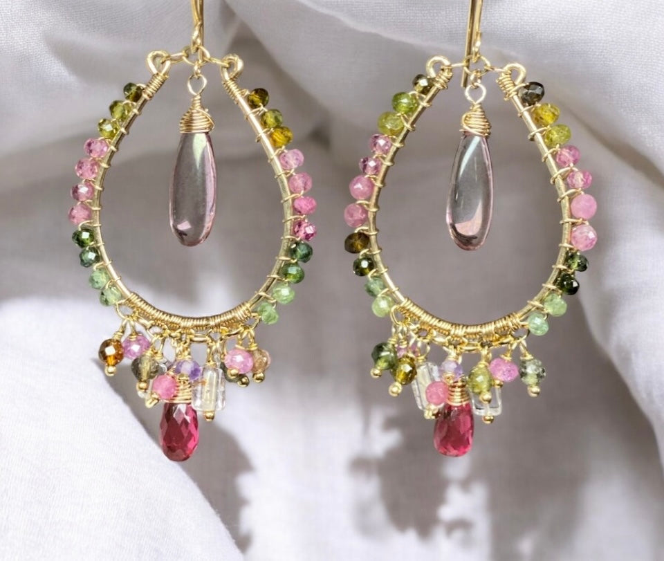 Tourmaline Gemstone Gold Fill Hoop Chandelier Earrings