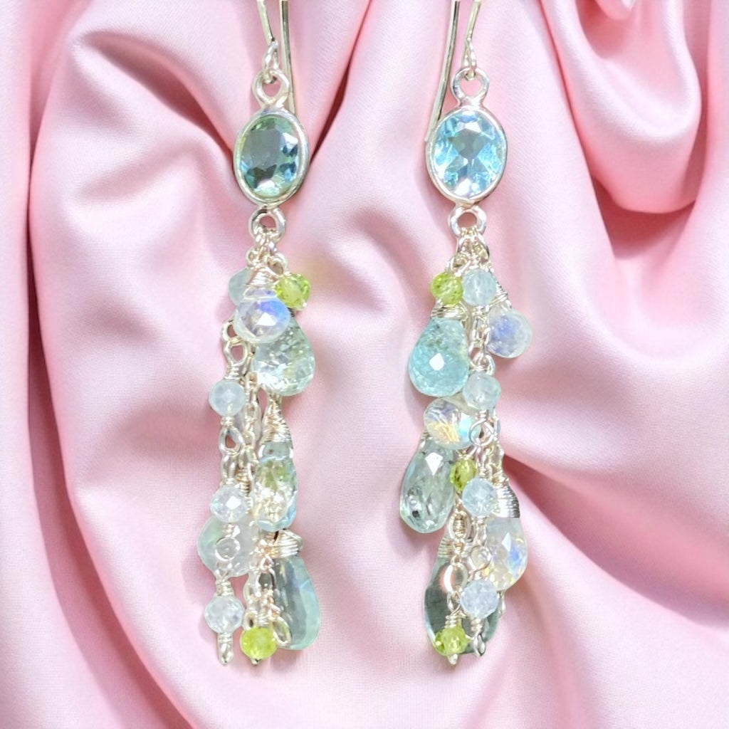 Blue Topaz, Peridot Long Gem Dangle Earrings Sterling Silver