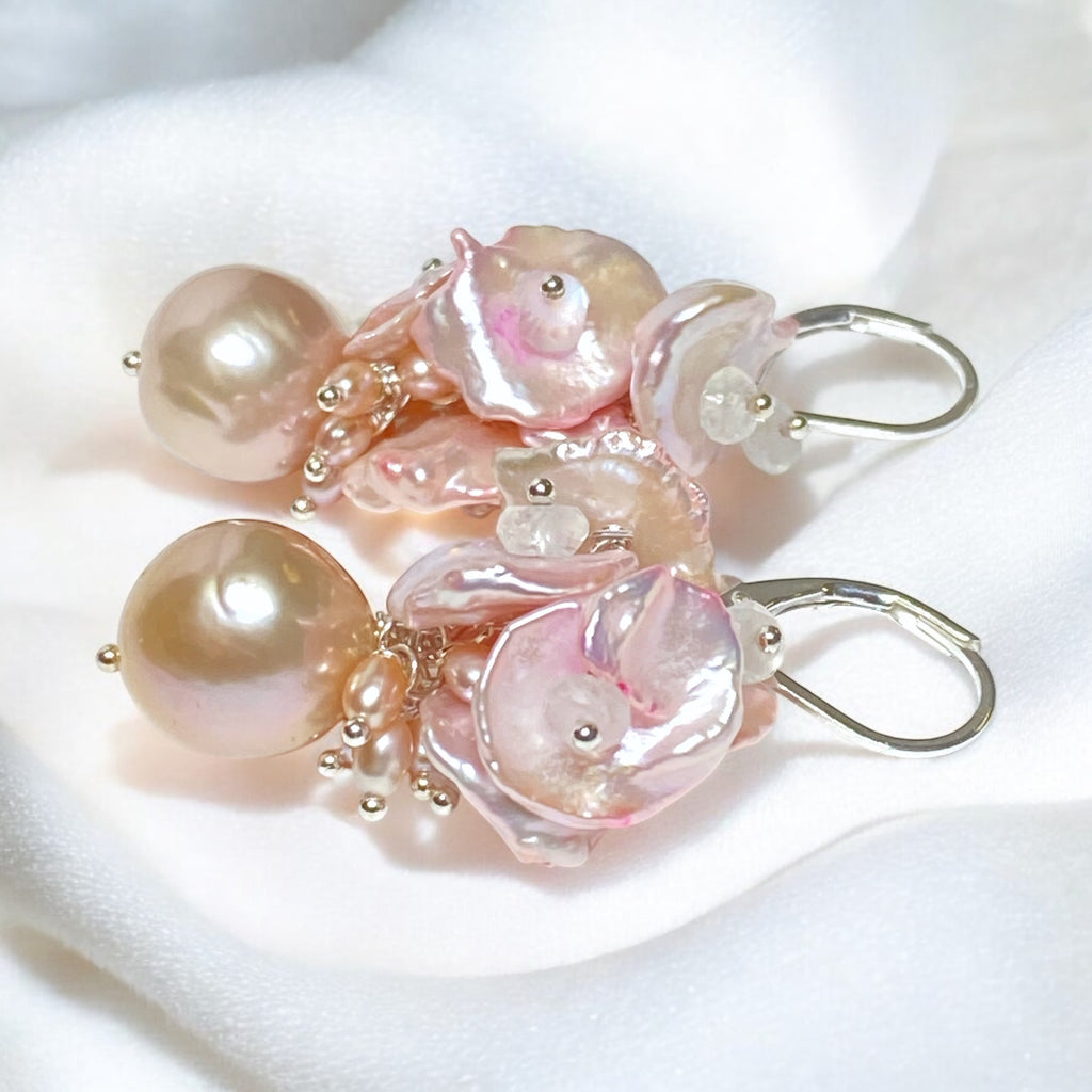 Pink Pearl Cluster Earrings, Blush Pink Keishi Pearls, Sterling Silver