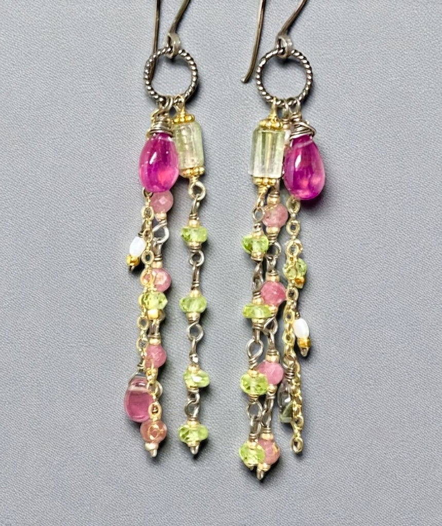 Pink Sapphire, Peridot and Tourmaline Gemstone Long Dangle Earrings