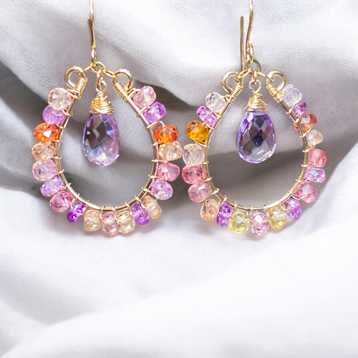 Colorful Gemstone Hoop Earrings:  Padparadscha Sapphire, Amethyst Quartz, Gold Fill, Statement Earrings - Doolittle