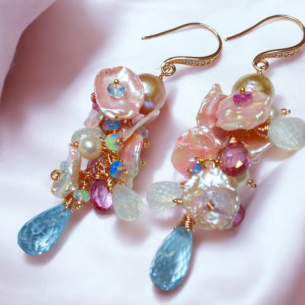 Blush Keishi Pearl Pink Topaz Pink Pearl Rose Gold Long Dangle Bridal Earrings - Doolittle