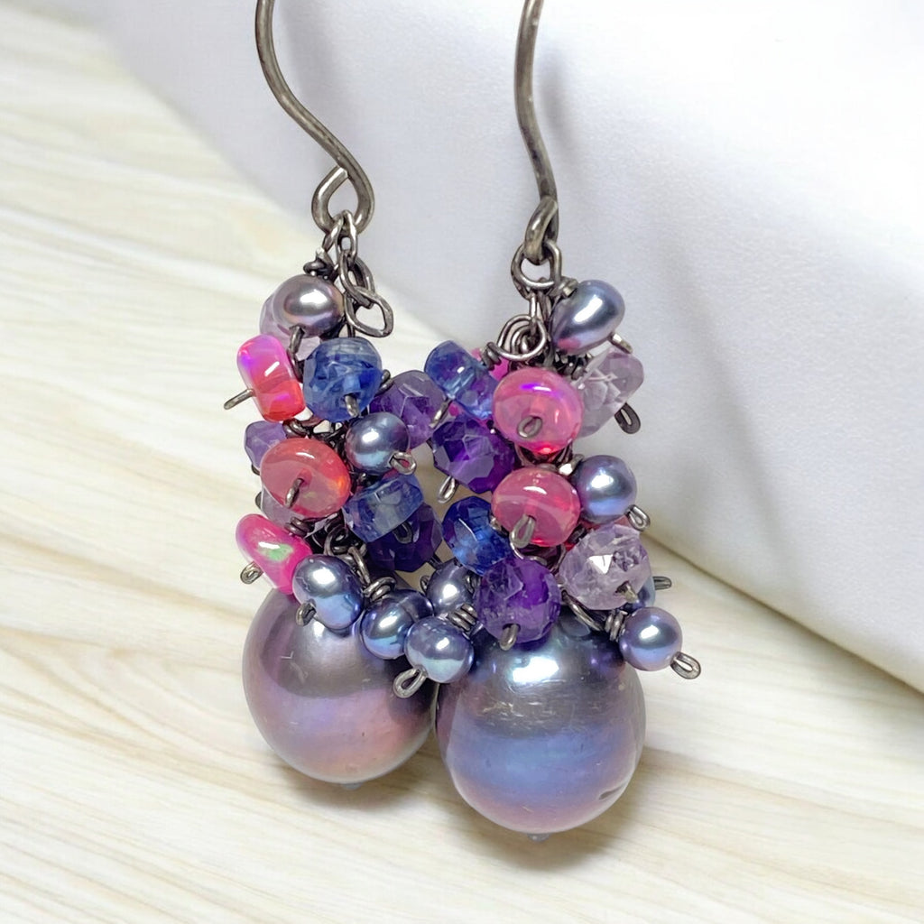 Peacock Pearl Cluster Earrings with Amethyst, Iolite and Pink Opals in Oxidized Sterling Silver