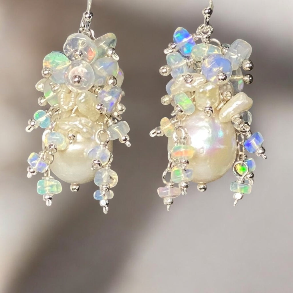 Pearl Ethiopian Opal Cluster Bridal Earrings Sterling Silver