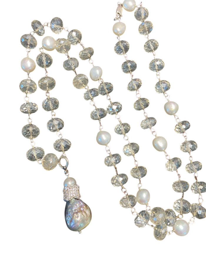 Mystic Silver Quartz and Pearl Long Wire Wrap Necklace Sterling Silver