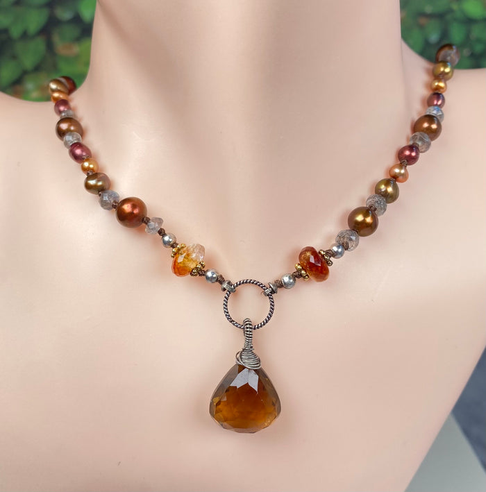 Cognac Quartz Silk Knot Pendant Necklace with Citrine, Labradorite, Pearl, Sterling Silver