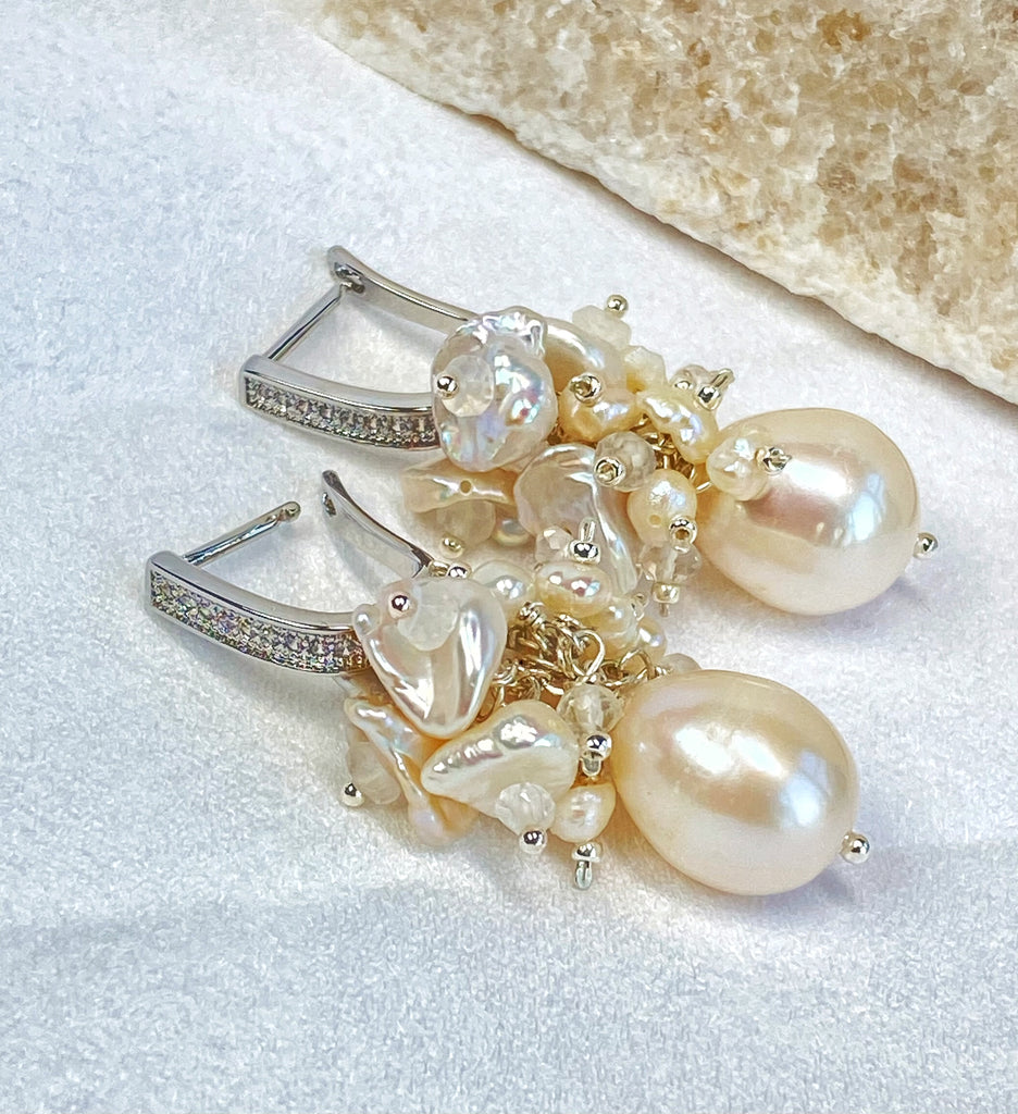 Baroque Pearl Bridal Cluster Earrings Sterling Silver - Doolittle