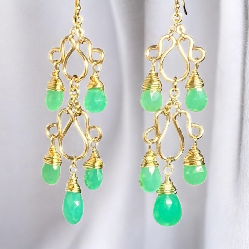 Green Chrysoprase Gemstone Long Gold Filled Chandelier Earrings