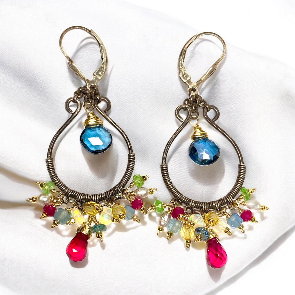 London Blue Topaz, Multi Gemstone, Oxidized Silver Hoop Chandelier Earrings