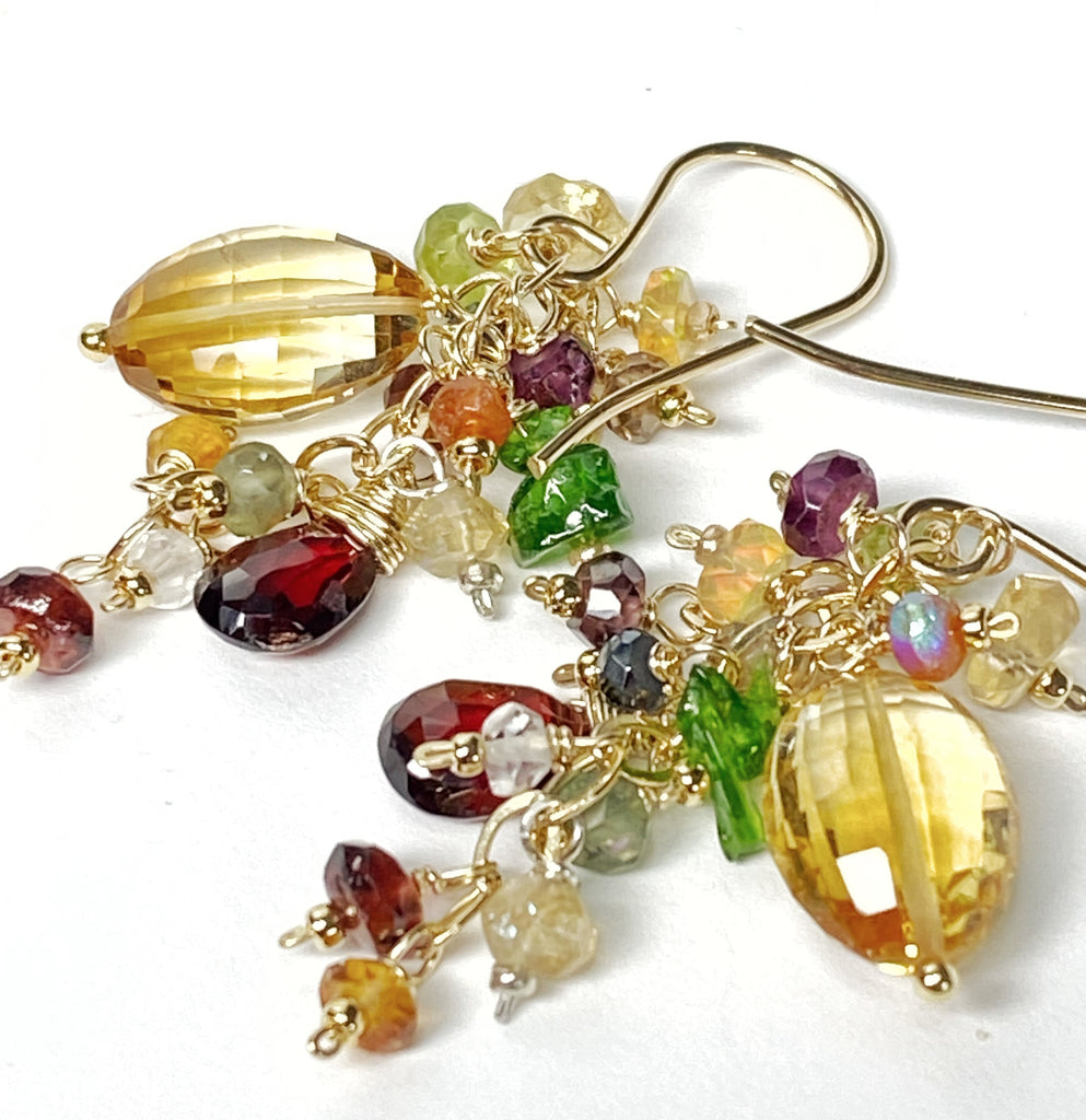 Citrine Dangle Earrings with Multi Gemstone Cluster, Garnet, Opal, Chrome Diopside