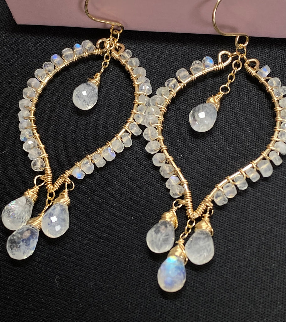 Rainbow Moonstone Statement Chandelier Earrings in 14 kt Gold Fill