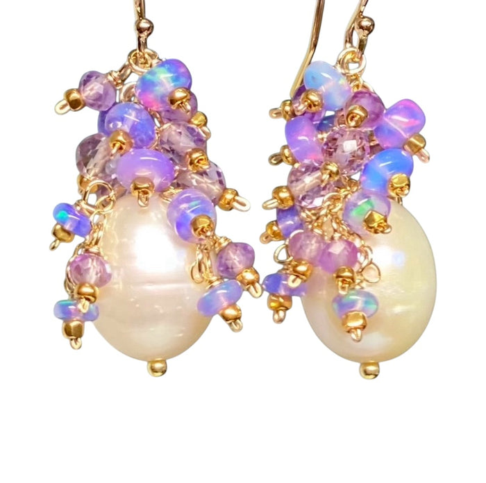 Lavender Blue Opal and Pearl Cluster Earrings, Gold Fill