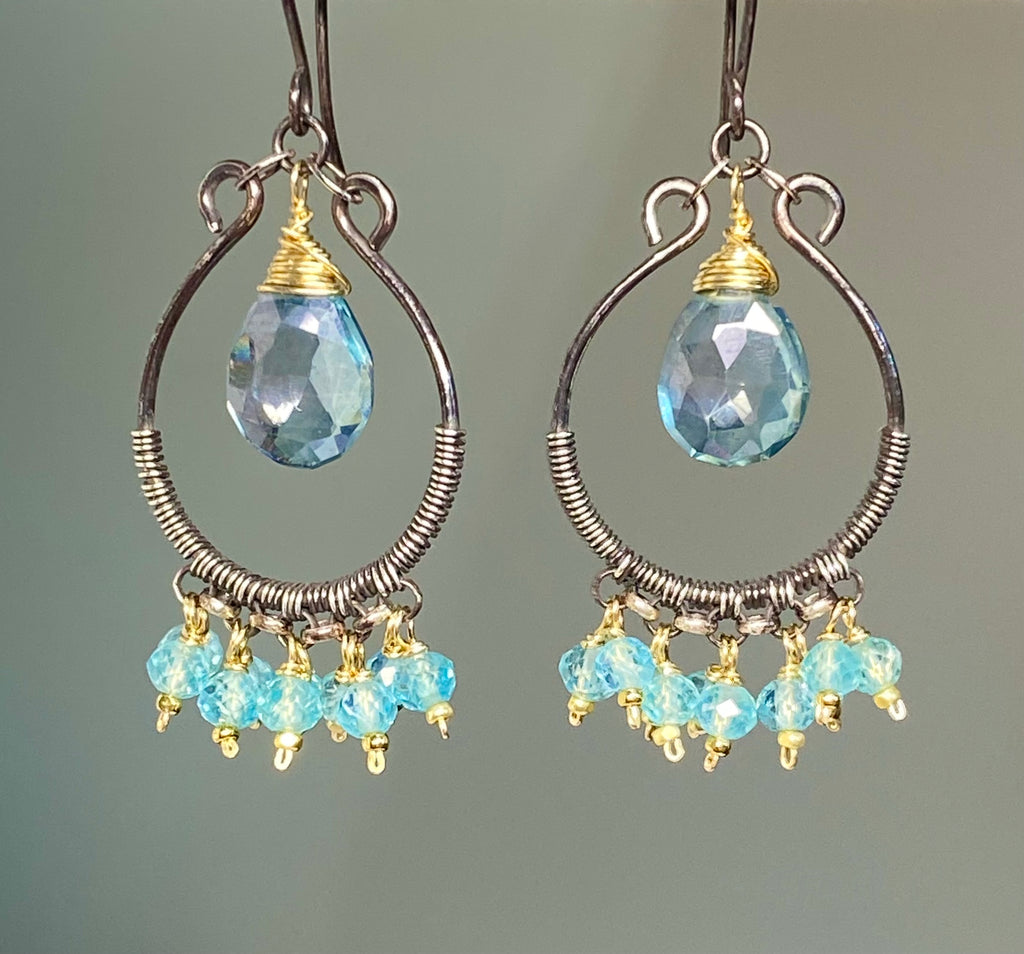 Aqua Apatite Oxidized Sterling Silver Hoop Chandelier Earrings