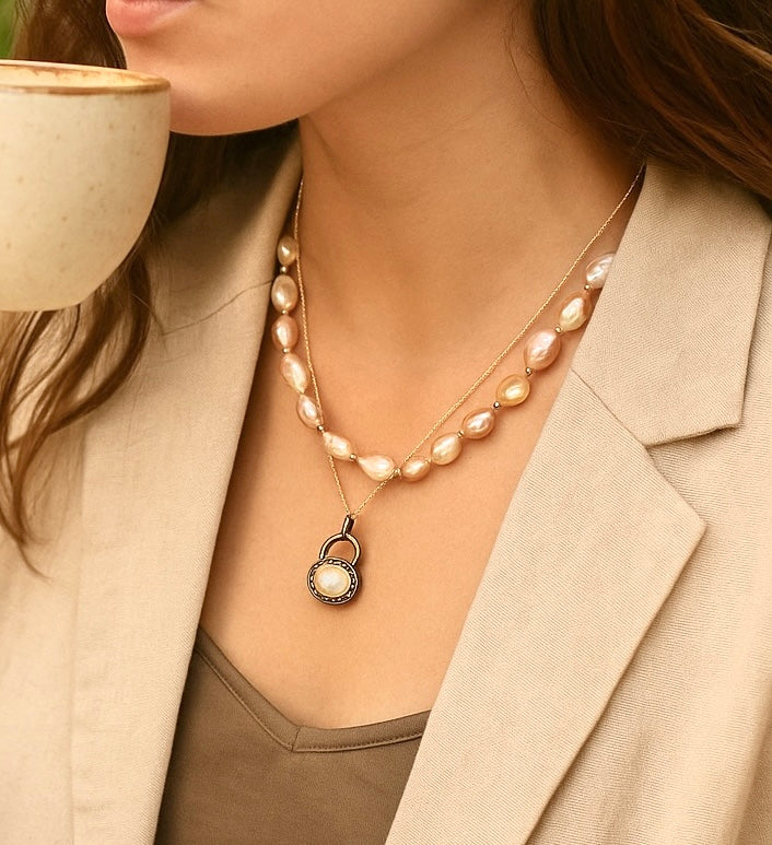 Baroque Metallic Pearl Necklace with Spinel Gemstones, Silk Knotted, Gold Fill
