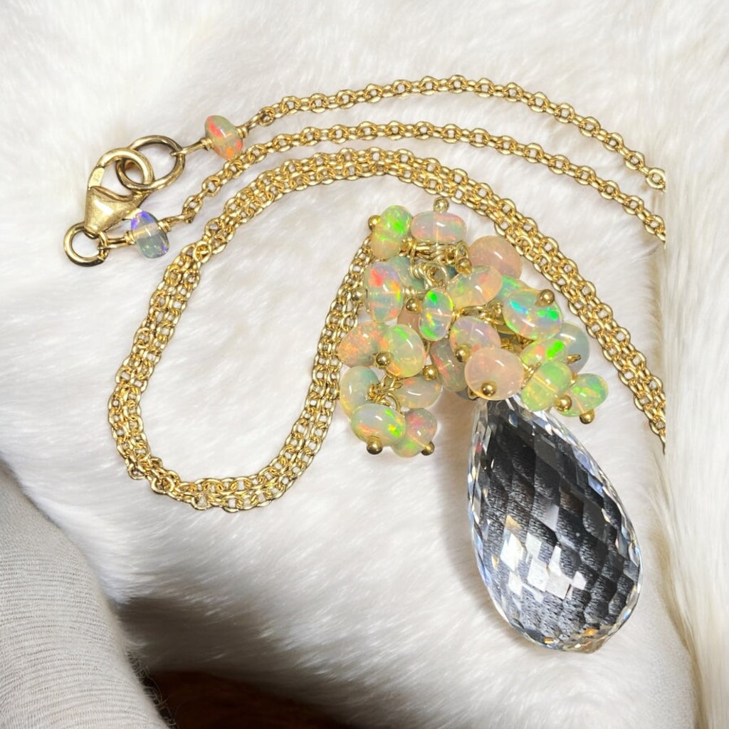 Clear Crystal Quartz Opal Cluster Pendant Necklace