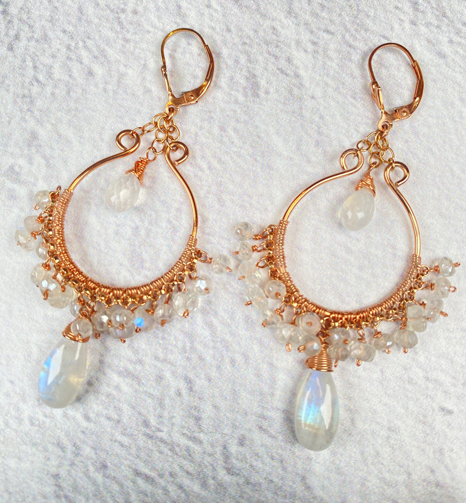 Rainbow Moonstone Rose Gold Hoop Chandelier Earrings - Doolittle